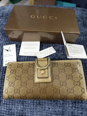 GUCCI Monograma Abbey Continental Cartera Dorado Metálico Lona Cremallera y Cierre Foto 1 de 4
