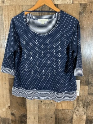 Top Mujer Laura Ashley Azul Marino Blanco Rayas Lunares con Embellecimiento Talla PL Foto 1 de 4