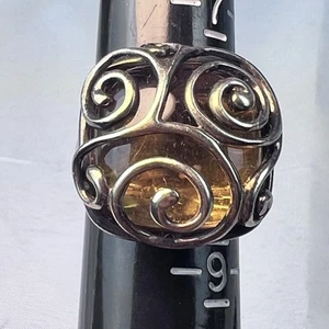 STERLING SILVER 925 RING SIGNED FP YELLOW TOPAZ COLOR GOLD TONE SWIRLS Size 8 - Picture 1 of 9