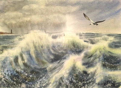 Obra de Arte Original Pintura Moderna Paisaje 30x40cm AVES ONDAS Arte Paisaje Marino Regalo Foto 1 de 4