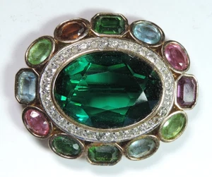 Broche central vintage firmado Panetta ovalado multicolor estrás piedra verde - Imagen 1 de 2