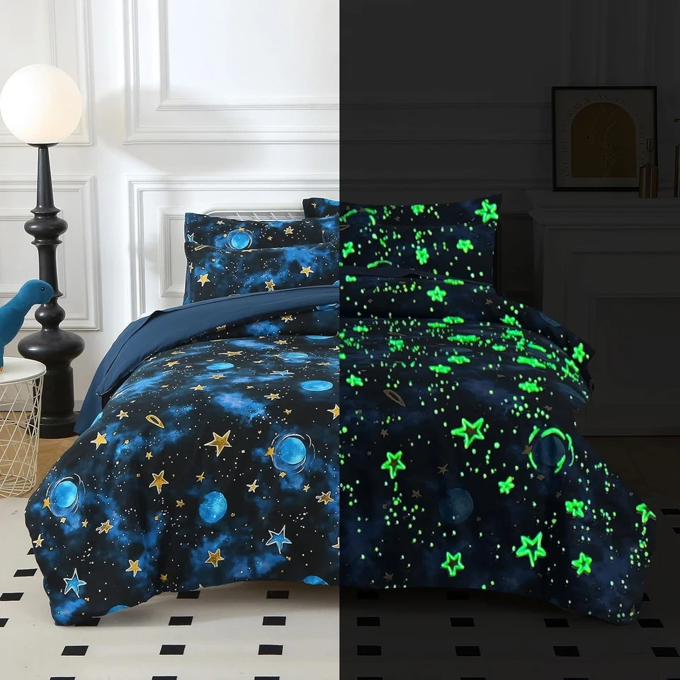Juego de edredón para niños Brilla en la oscuridad espacio ropa de cama doble niños niñas estrellas azules Foto 1 de 4