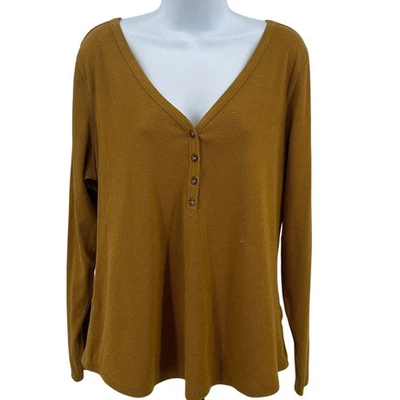 Camisa Antigua Azul Marino WMNS XL Calce Ajustado Acanalado Amarillo Mostaza Cuello en V Henley Manga Larga Foto 1 de 4