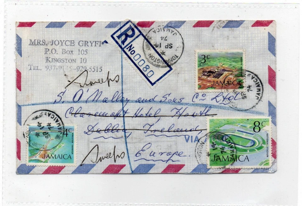 JAMAICA: 1974 Cubierta de correo aéreo registrado al sorteo irlandés, Irlanda (C77092) Foto 1 de 1