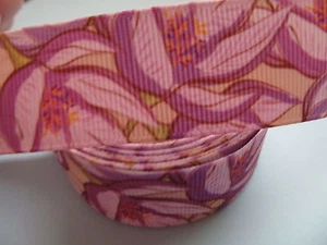 Grosgrain Purple Floral Flower with Leaf Leaves Ribbon 1" 25mm - Picture 1 of 1
