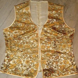 Vintage Hand Made 100% Silk Asian Print Vest Size L Gold Floral Lined - Picture 1 of 4