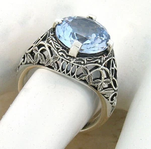 DECO ANTIQUE STYLE 925 STERLING SILVER 5 CARAT SIM AQUAMARINE RING          548Z - Picture 1 of 2