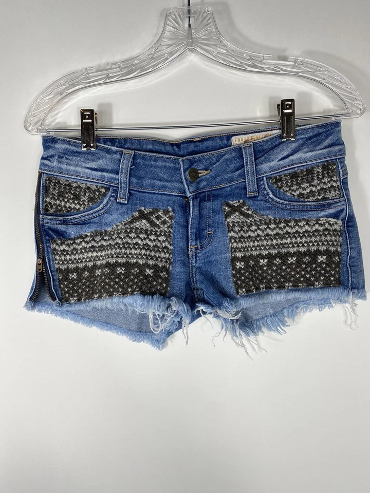 SIWY Jean Shorts Cutoff Decorative Sweater Patches Front Side Zipper Size 24 - Image 1 of 4