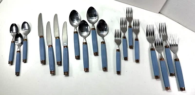 Cubiertos de colección años 70 19 piezas mango de plástico acero inoxidable acanalado color azul/cobre TAIWÁN Foto 1 de 4