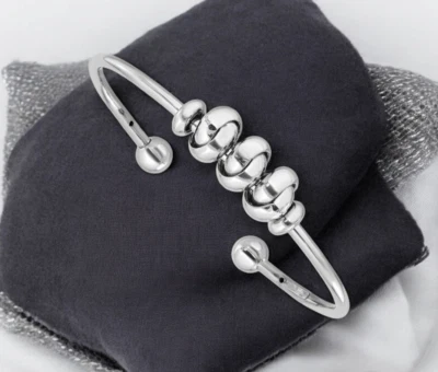 Sterling Silver Rhodium Plated Polished Knot Beads Cuff Bangle Bracelet - - Image 1 of 4