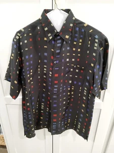 Vintage Silk Shirt Mens Large Black Red Blue Geometric All Over Lightweight 90s - Picture 1 of 14