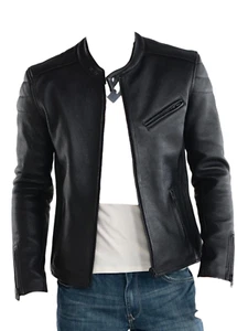 Chaqueta de Cuero Original para Hombre Negra Calce Ajustado Motocicleta Chaqueta de Piel de Cordero Real - Imagen 1 de 3