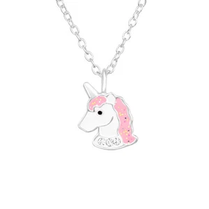 925 Sterling Silver Pink Crystal Glitter Unicorn Charm Pendant Necklace Kids - Picture 1 of 1