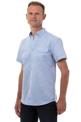 Ugholin Camicia Uomo Casual Lino e Cotone Manica Corta Button-Down Celeste - Immagine 1 di 4