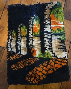 Vintage Latch Hook Rug Wall Hanging Black Door Arch Shadow 20 x 26 Orange - Picture 1 of 5