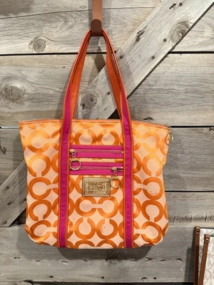 Bolsa tote Coach Poppy coleção fúcsia e caqui - Imagem 1 de 4