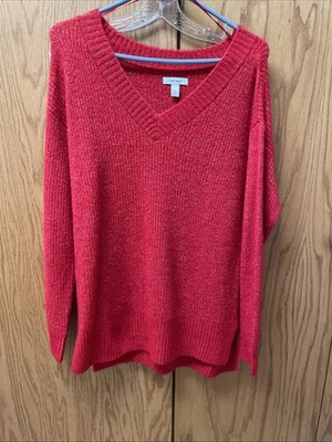 Suéter a Rayas Nine West Cuello en V Rojo con Brillo Plateado Talla Pequeña Foto 1 de 4