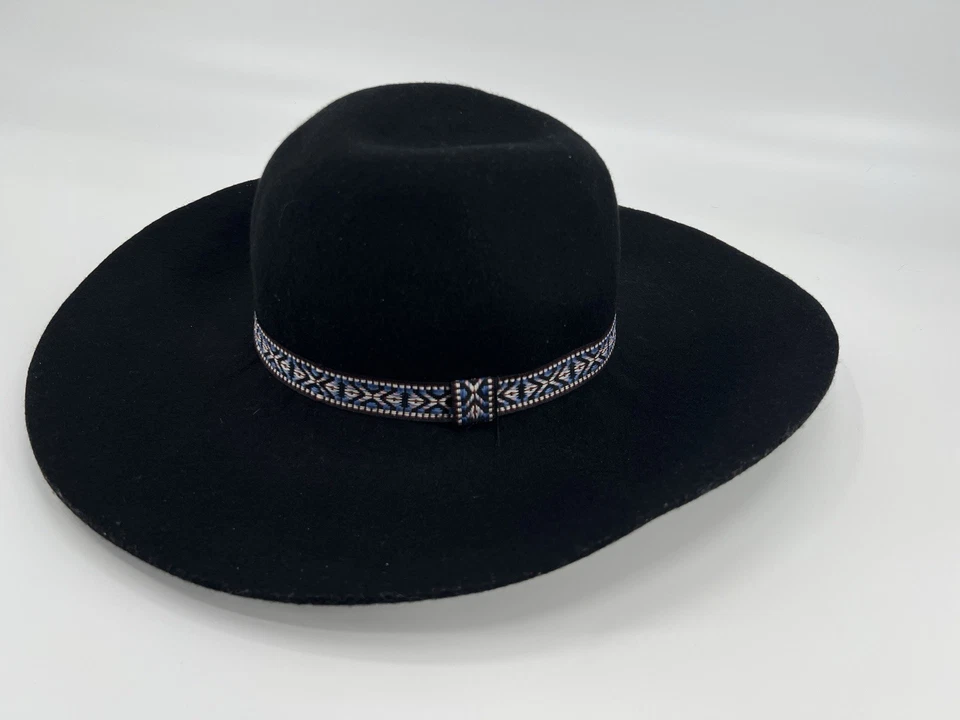 Sombrero de fieltro negro 100 % lana Lucky Brand ala ancha con banda azteca occidental boho Foto 1 de 4