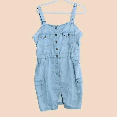 Mini vestido bebe denim feminino tamanho grande elástico ajustado bolsos utilitários chique NOVO - Imagem 1 de 4