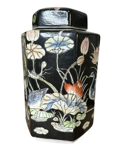 Chinese Famille Noire Hexagonal Jar Lucky Grasshopper, Lotus, Cranes, Lid, Vtg - Picture 1 of 17