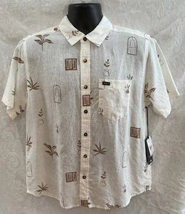 RVCA Men’s Button-Front SHIRT~Small~Easy Fit S/S LInen-Blend IVORY ARTIFACTS NWT - Picture 1 of 9
