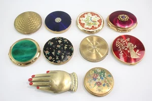 Powder Compacts Vintage Inc Ballerina Peacock Floral Designs Emerald Green & Etc - Picture 1 of 9