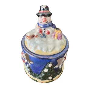 Adorable Vintage Ceramic Snowman Votive Holder Winter Scene Holiday with Lid - Picture 1 of 5