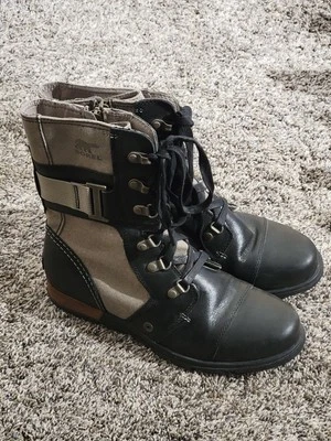 Женские сапоги Sorel Major Carly размер 8 на молнии на шнуровке желтовато-коричневые холщовые черные кожаные - Изображение 1 из 4