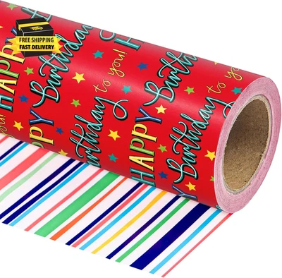 Reversible Birthday Wrapping Paper Roll - Mini Roll - 17 Inch X 10 Feet - Red Ha - Image 1 of 4