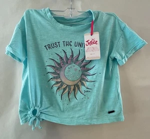 NEW WITH TAGS GIRLS JUSTICE SHORT SLEEVE GRAPHIC TIE-FRONT SCRUNCHIE TEE - 7/8 - Picture 1 of 8