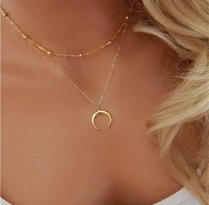 Dainty 14K Gold Plated Beaded Necklace with Crescent Moon Pendant - Picture 1 of 3