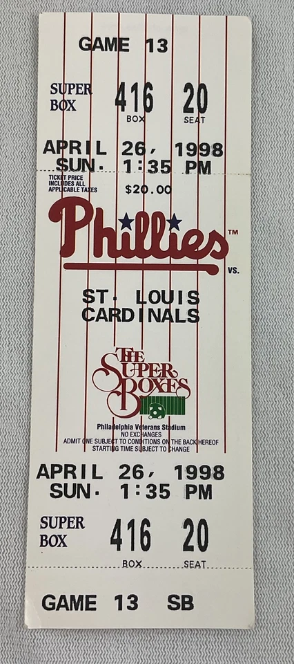 MLB 1998 04/26 Cardenales de San Luis en Filadelfia Boleto Completo-Curt Schilling WP Foto 1 de 1