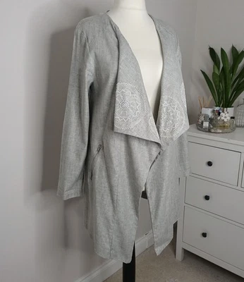 new look light grey crochet applique linen open waterfall boho hippie jacket 14 - Image 1 of 4