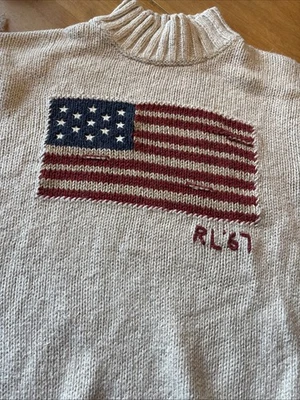 92 VTG Polo Ralph Lauren Flag Intarsia Sweater Cotton Linen Mock Neck XS Rare - Image 1 of 4