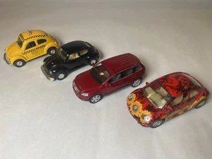 Lot Of 4 VW Toy Cars. 2 Kinsmart: Flower Beetle, Touareg. Pull & Go. Doors Open. - Picture 1 of 20
