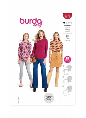 BURDA 5876 MISSES JERSEY TOPS Sewing Pattern Sizes 8 - 22 Skill: SUPER EASY - Image 1 of 4