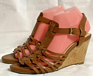 Isaac Mizrahi Live Fisherman Cork Wedge Sandals Size 8.5 M Brown Leather Shoes - Picture 1 of 8