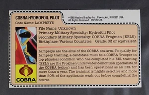 1985 Hasbro GI Joe Cobra Hydrofoil Pilot Neunaugen KARTEIKARTE (ungeschnitten) - Bild 1 von 2