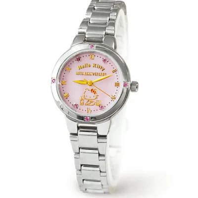 Sanrio Hello Kitty Silver Watch Pink Sapphire 8 Stones 45th Anniv w/pouch New - Image 1 of 4