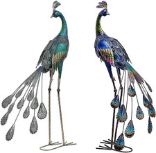 Pair Metal Peacock Sculptures Solar Statues Porch Patio Yard Outdoor Decoration