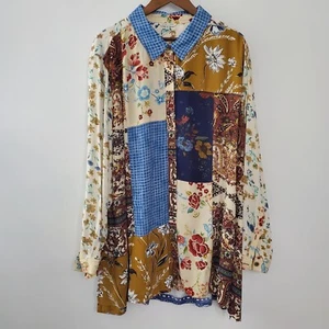 John Mark Womens Floral Patch Button Front Blouse Size 3X Boho Art To Wear - Picture 1 of 9