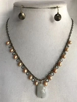 Liz Palacios Up To 18” Necklace Antique Gold Pearl Natural Stone& Bonus Earrings - Image 1 of 4