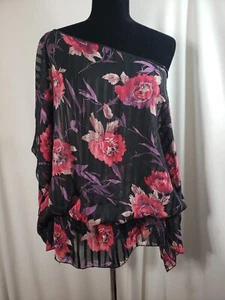 Plus size poncho style top/tunic, black/pink/purple, elastic at hip, 2X-3X - Picture 1 of 2