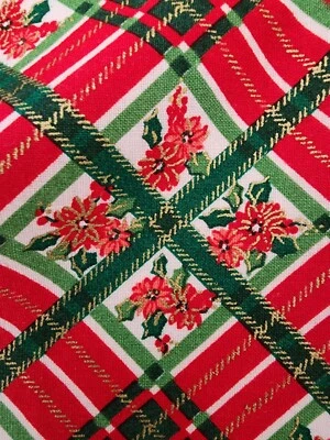Christmas Red Green Plaid Floral Cotton Holiday Print Vintage Material -72" x 42 - Image 1 of 4