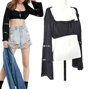 Urban Outfitters Crop Top Bell Sleeve Black Josephine Cutwork Bohemian size S - Picture 1 of 13