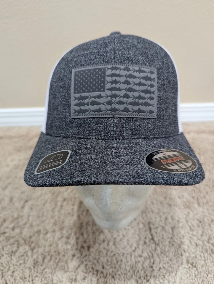 COLUMBIA PFG MESH HAT Heathered FLEXFIT CAP FITTED High Crown S/M Fish Cap Flag