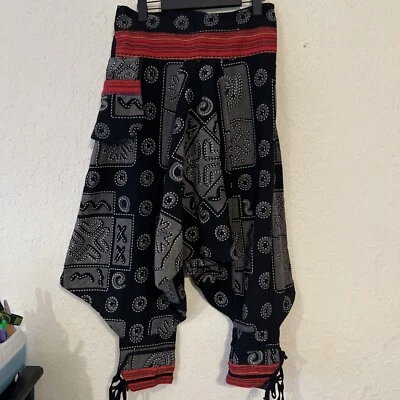 Thai Harem Pants Black White Ethnic Red Accent Pocket Ankle Large - Image 1 of 4