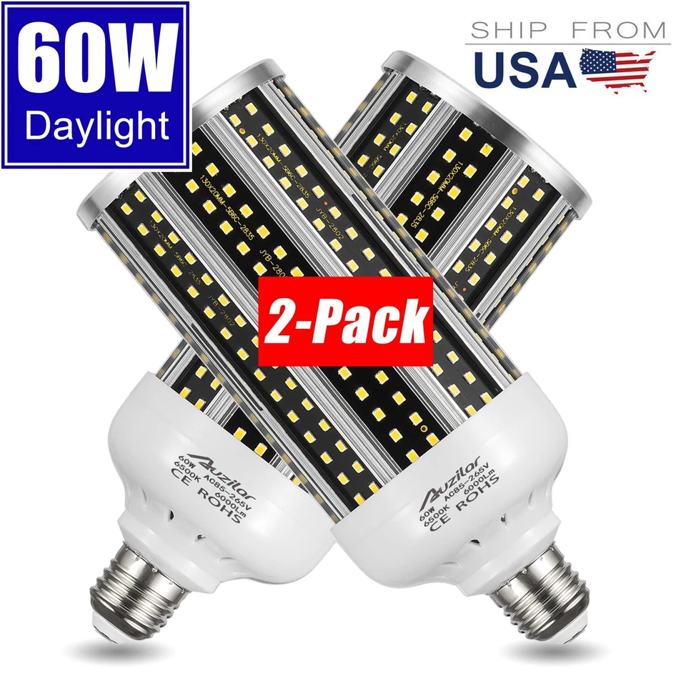 AUZER 60W (450W Equivalent), Daylight, E26 Standard Base, LED Corn Light Bulb | 2-Pack