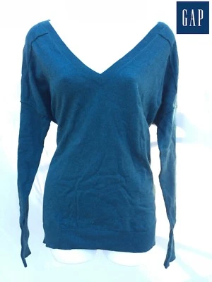 NWT $50 GAP Women M  Loose V-Neck Slub Sweater Knit Top Deep Water Tee Green - Image 1 of 4