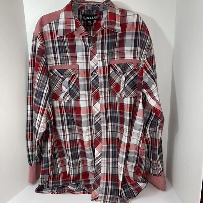 Red Ape Mens 3XL Y2K Hip Hop Skater Red White Black Plaid Long Sleeve Pre Owned - Image 1 of 4